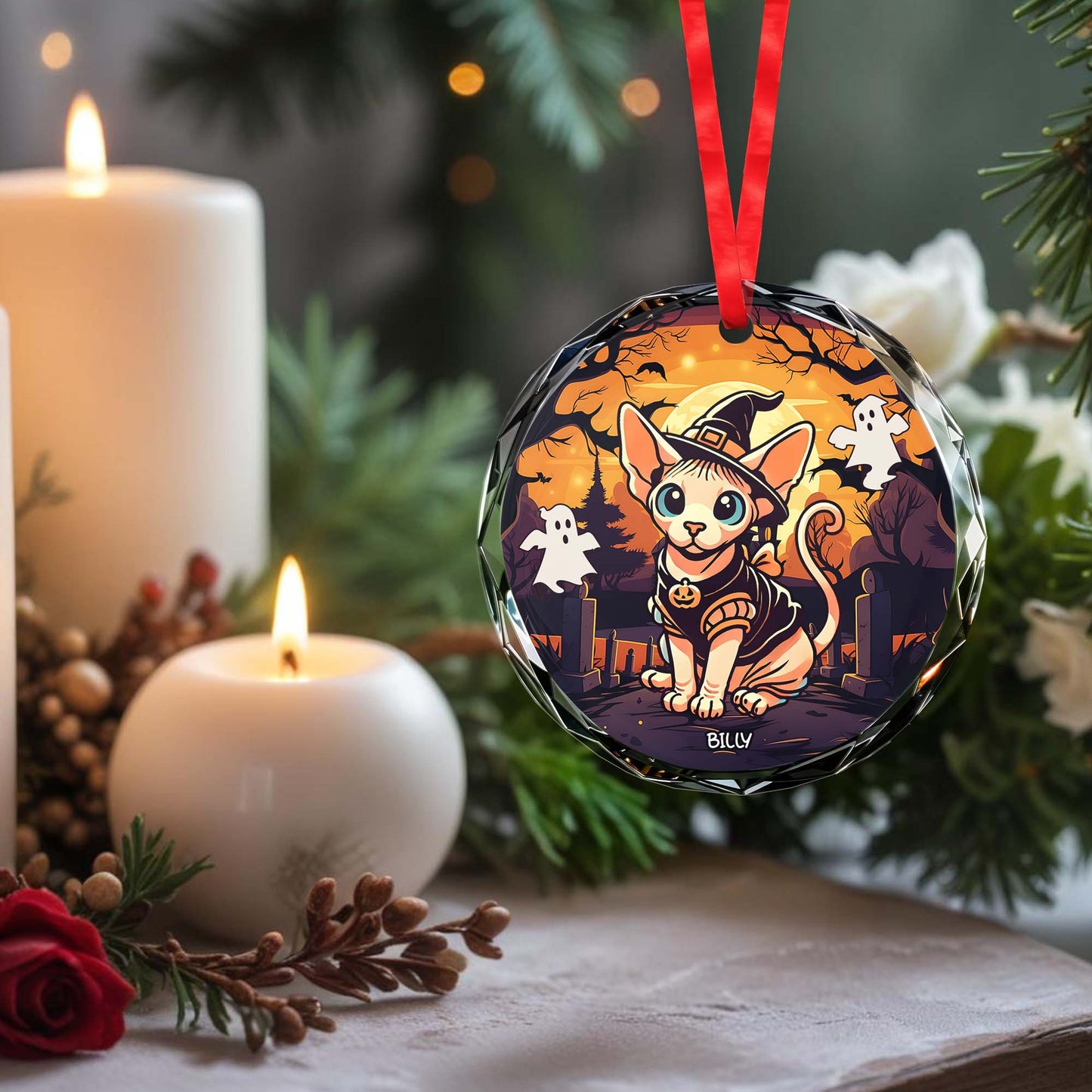 Celebrate A Spooky Cute Halloween With Your Favorite Pet - Personalized Custom Circle Glass Ornament - PET027_CGOR