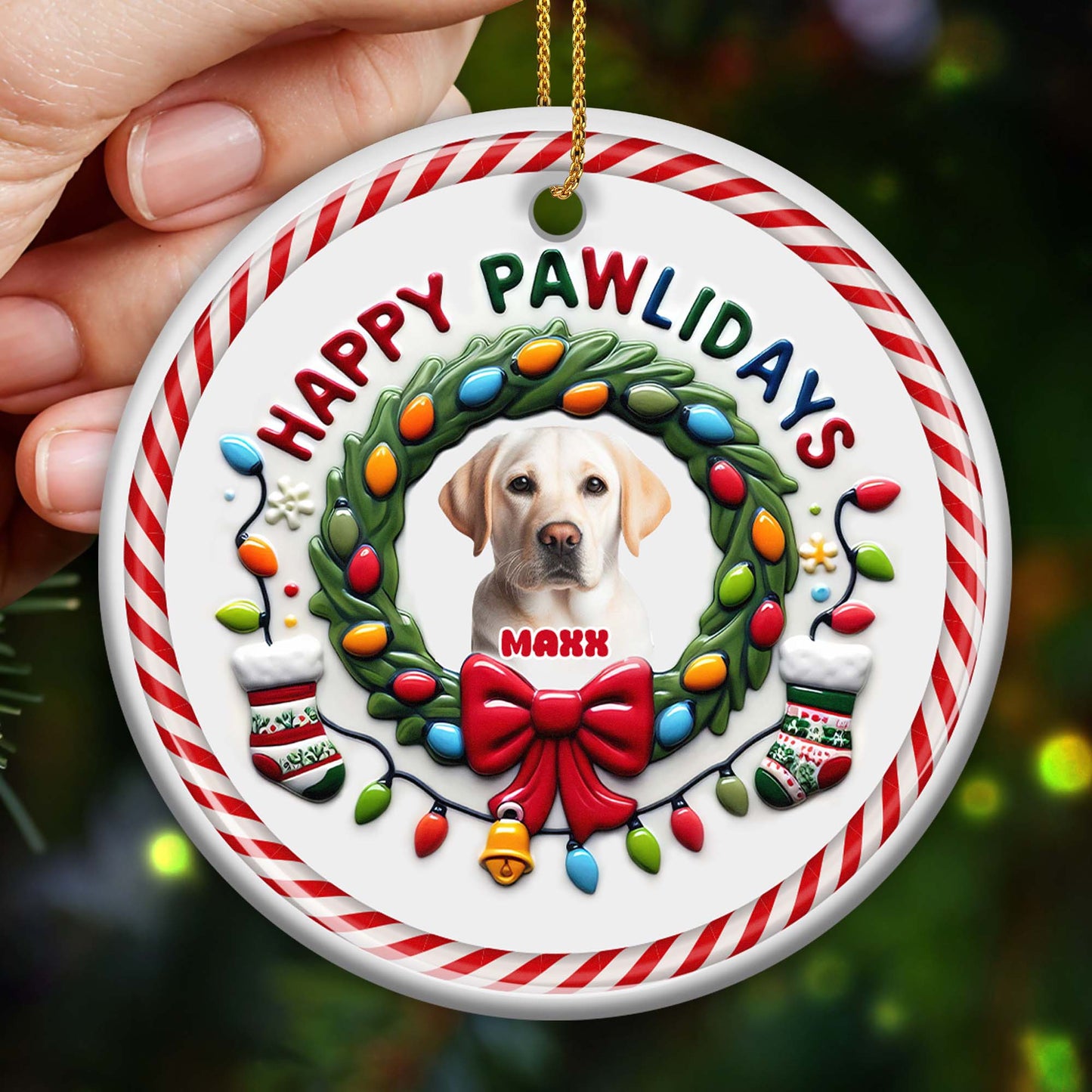 Happy Pawlidays Festive Dog Ornament - Personalized Custom Ceramic Ornament With Round Shape - PET046_RCE