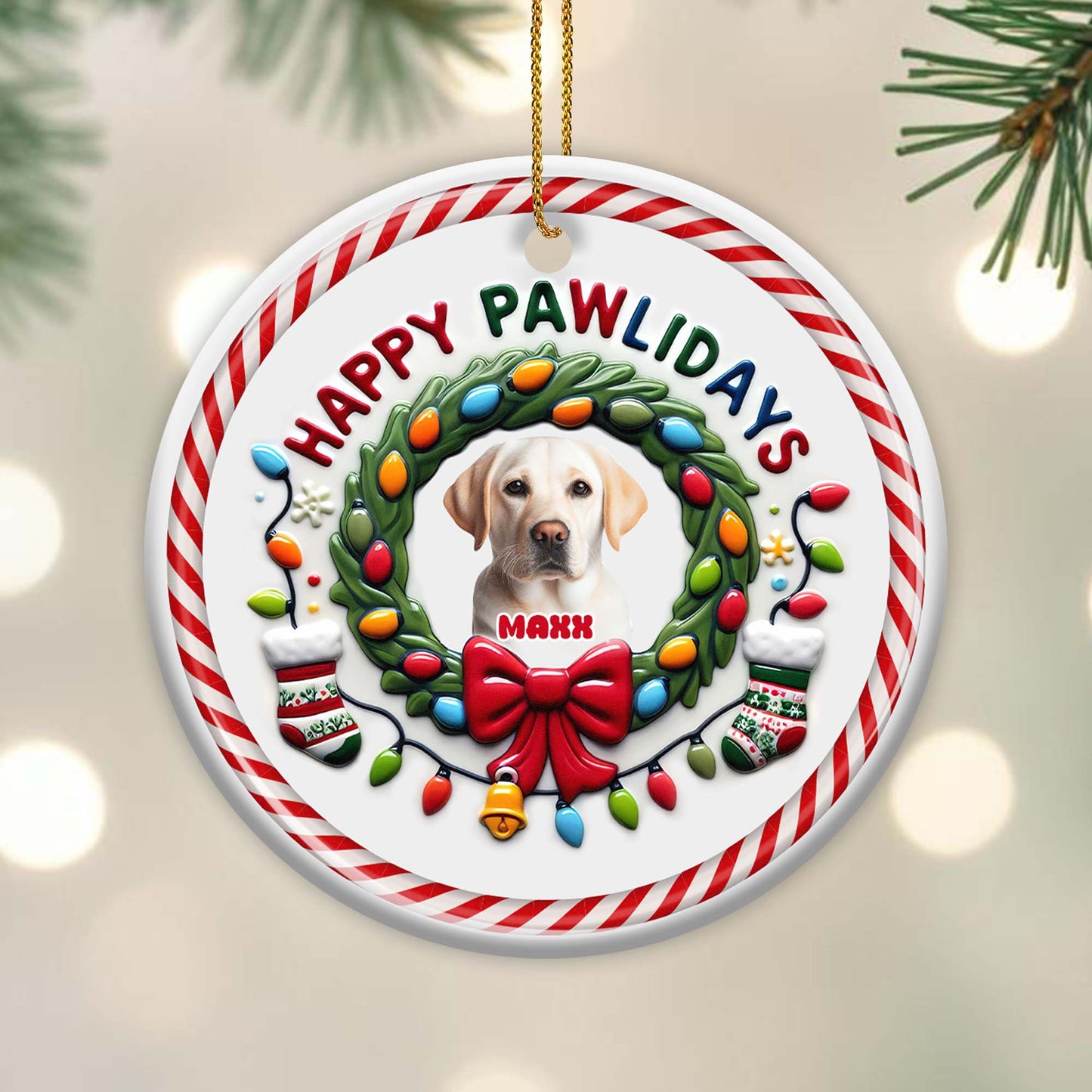 Happy Pawlidays Festive Dog Ornament - Personalized Custom Ceramic Ornament With Round Shape - PET046_RCE