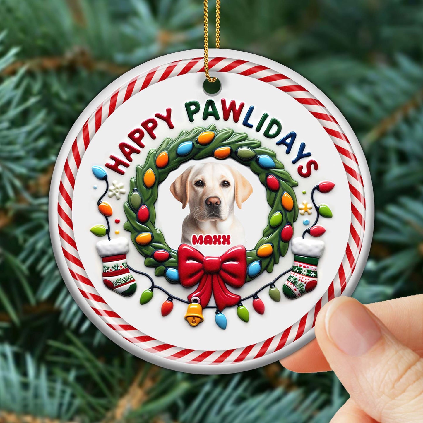 Happy Pawlidays Festive Dog Ornament - Personalized Custom Ceramic Ornament With Round Shape - PET046_RCE