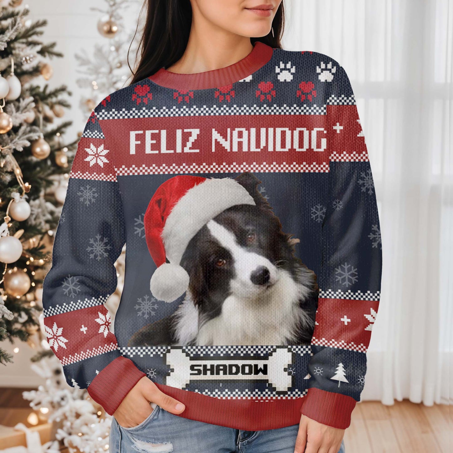 Feliz Navidog Ugly Christmas Sweater Featuring Cute Dog - Personalized Custom Ugly Sweatshirt, Unisex Wool Jumper  - PET055_TWS