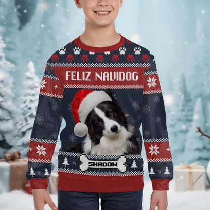 Feliz Navidog Ugly Christmas Sweater Featuring Cute Dog - Personalized Custom Ugly Sweatshirt, Unisex Wool Jumper  - PET055_TWS