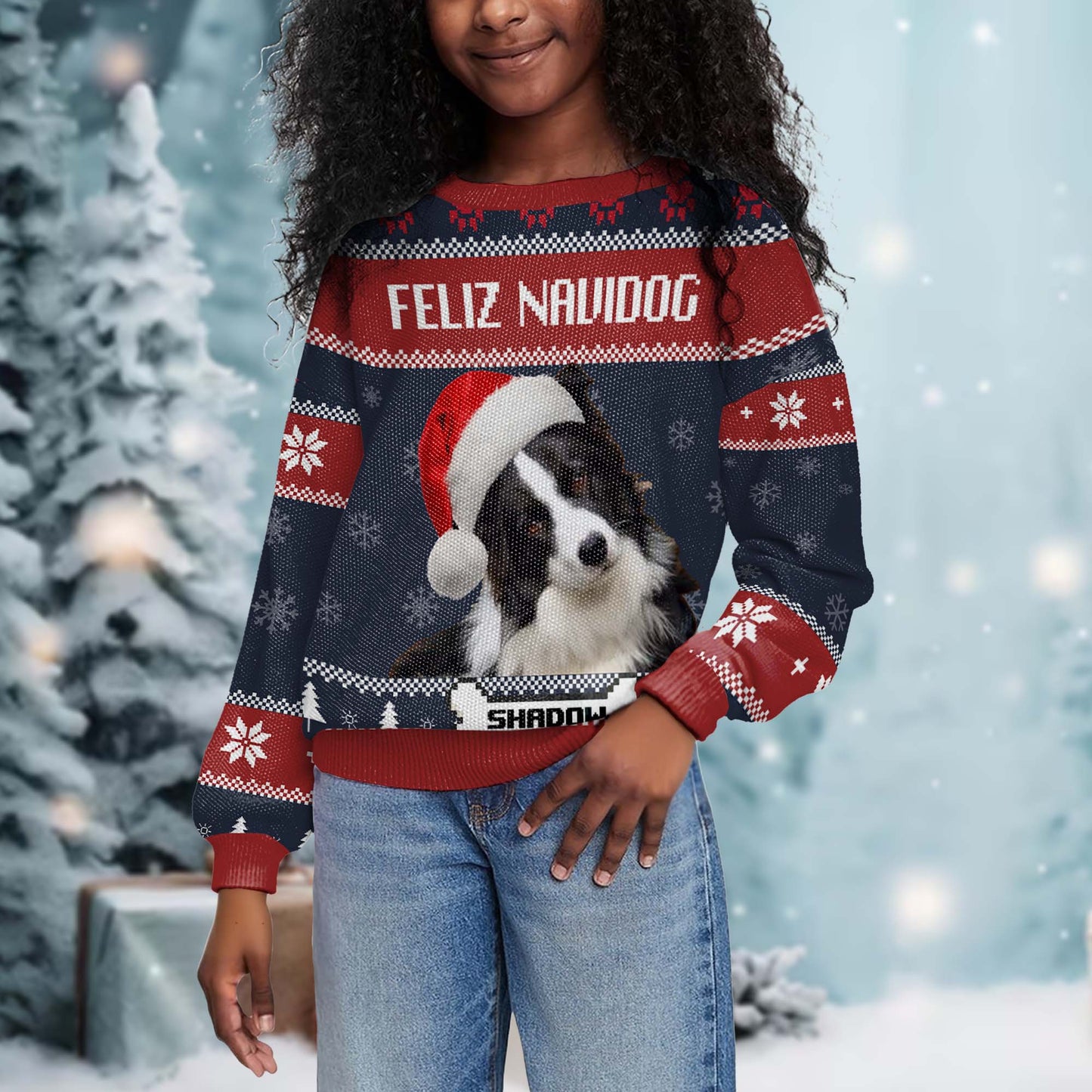 Feliz Navidog Ugly Christmas Sweater Featuring Cute Dog - Personalized Custom Ugly Sweatshirt, Unisex Wool Jumper  - PET055_TWS