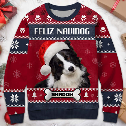 Feliz Navidog Ugly Christmas Sweater Featuring Cute Dog - Personalized Custom Ugly Sweatshirt, Unisex Wool Jumper  - PET055_TWS