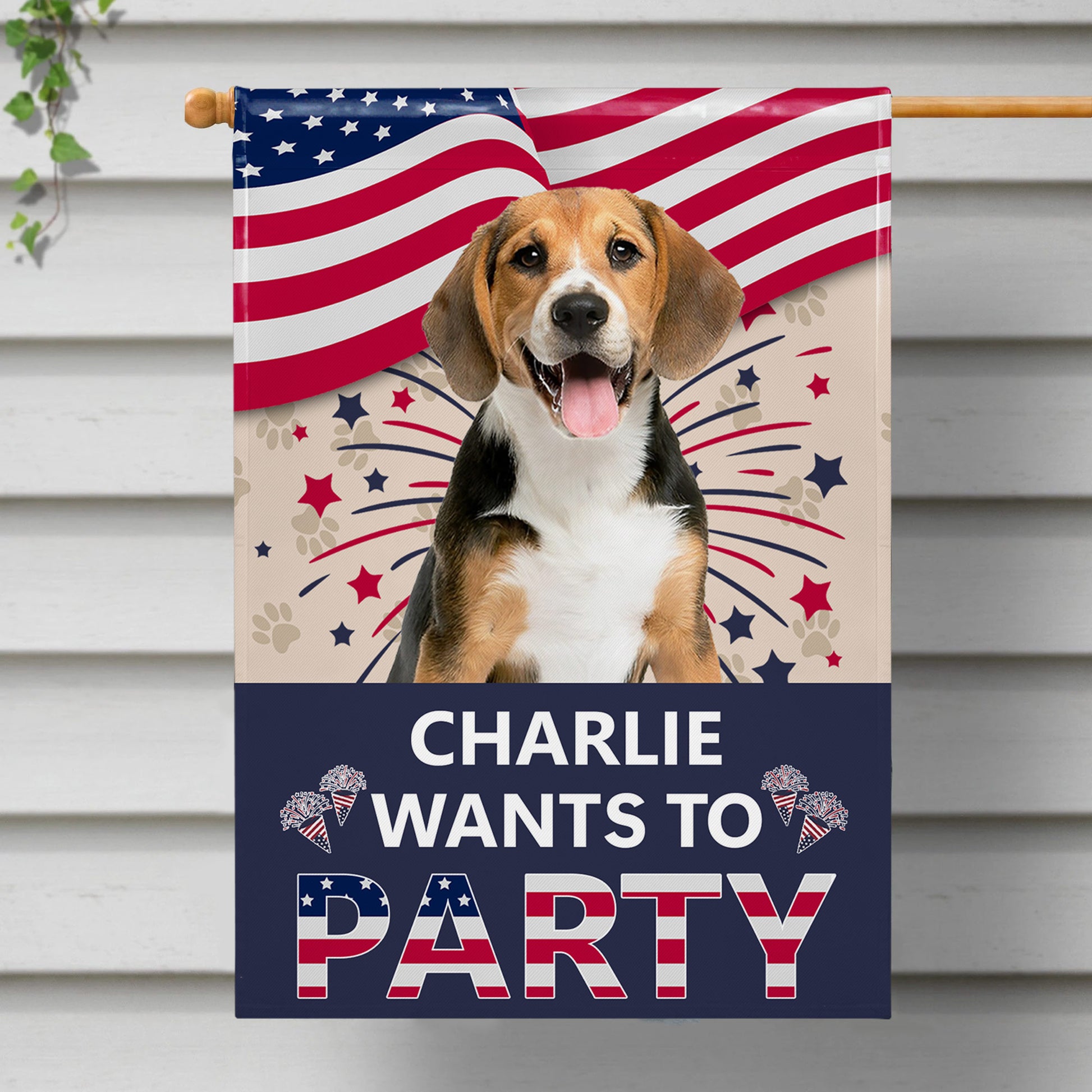 Charlie Wants To Party With American Flag And Paw Prints