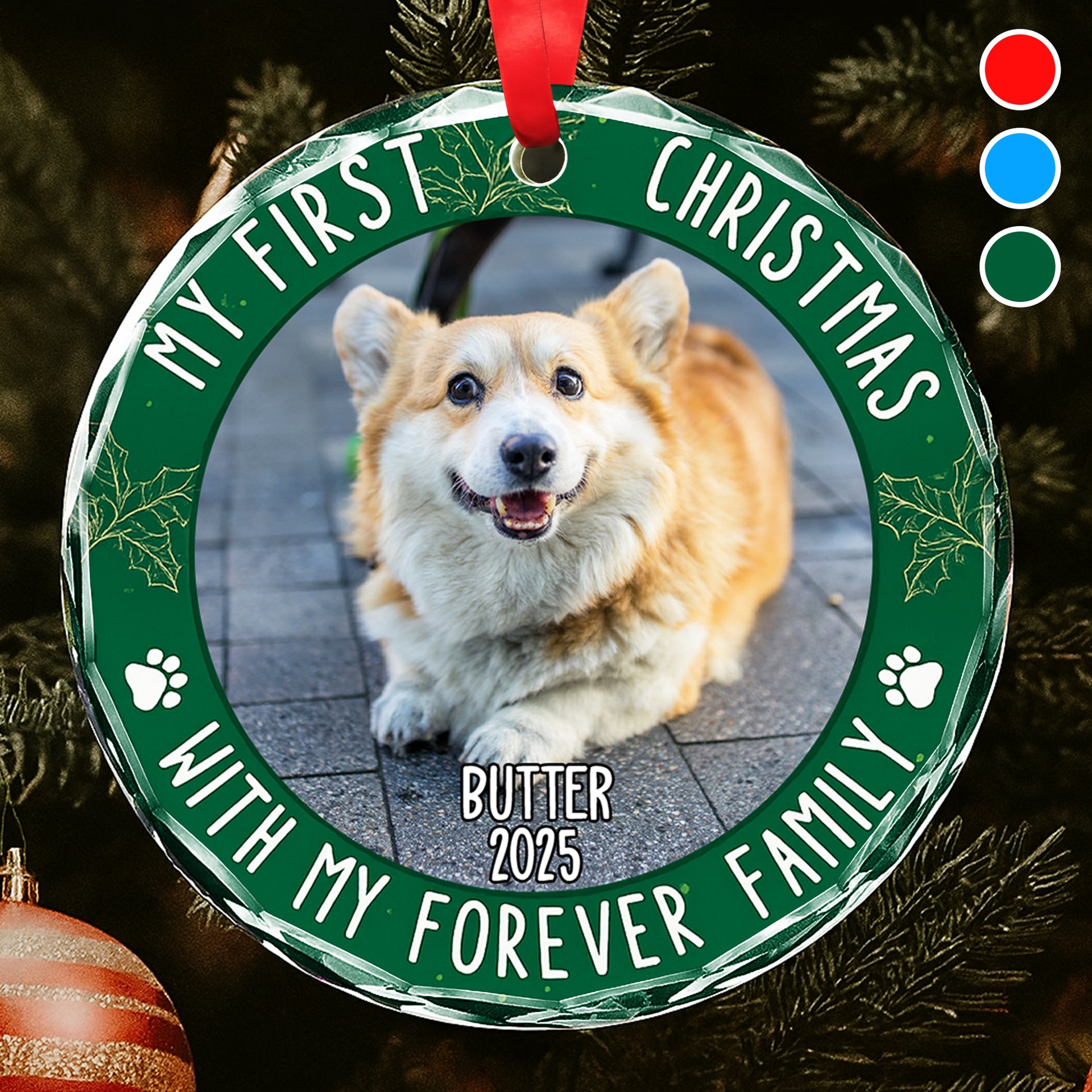 My First Christmas With Paw Prints and Holly Leaves