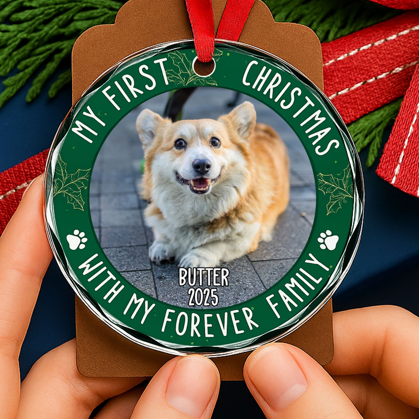 My First Christmas With Paw Prints and Holly Leaves