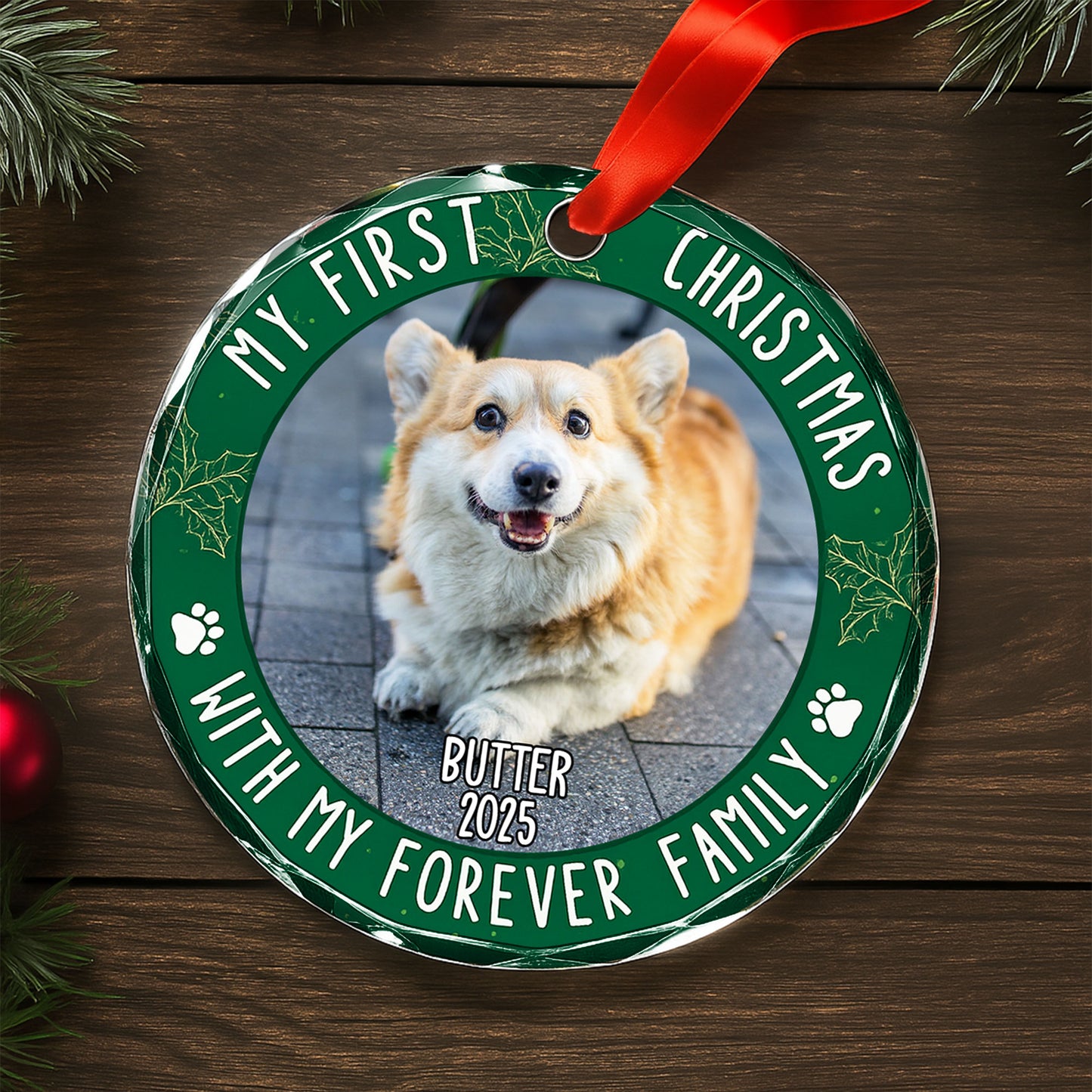 My First Christmas With Paw Prints and Holly Leaves