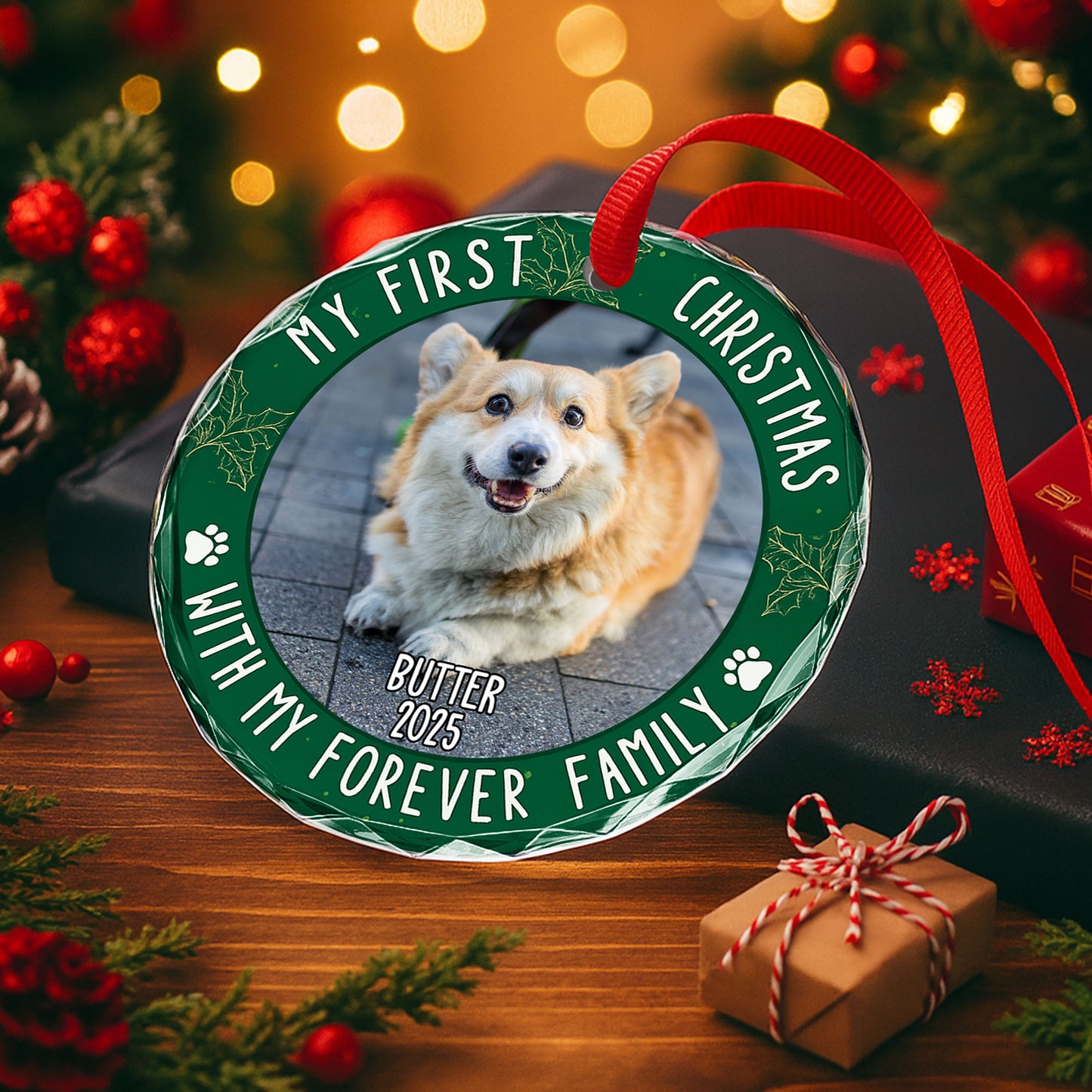 My First Christmas With Paw Prints and Holly Leaves