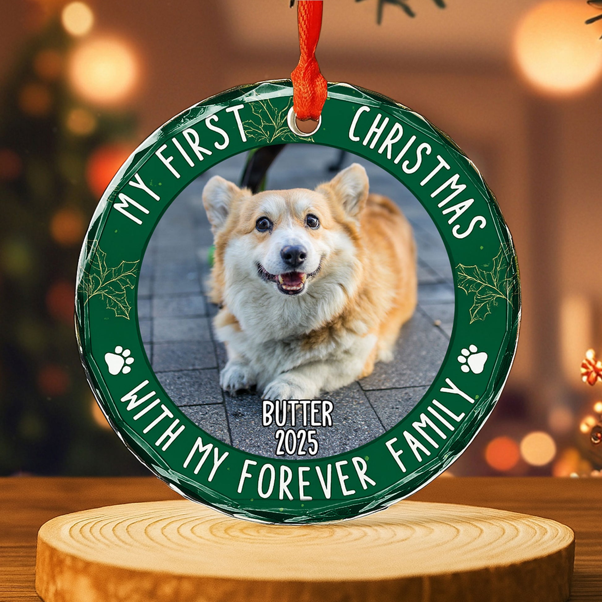 My First Christmas With Paw Prints and Holly Leaves