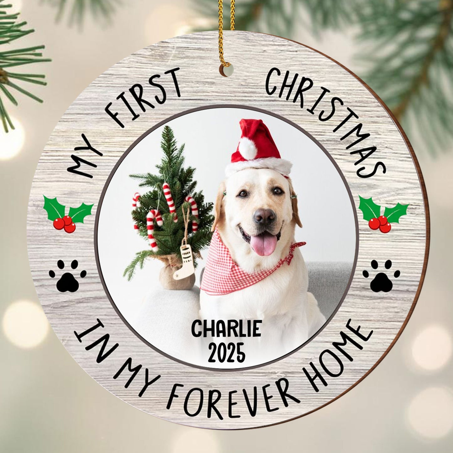 My First Christmas In Forever Home, Dog With Christmas Hat - Personalized Custom Wood Ornament, Custom Shaped - PET122_WDO