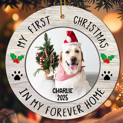 My First Christmas In Forever Home, Dog With Christmas Hat - Personalized Custom Wood Ornament, Custom Shaped - PET122_WDO