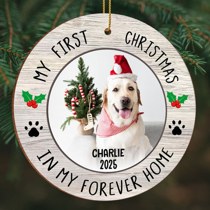 My First Christmas In Forever Home, Dog With Christmas Hat - Personalized Custom Wood Ornament, Custom Shaped - PET122_WDO
