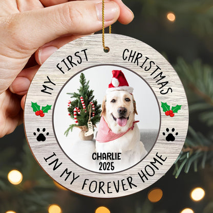 My First Christmas In Forever Home, Dog With Christmas Hat - Personalized Custom Wood Ornament, Custom Shaped - PET122_WDO