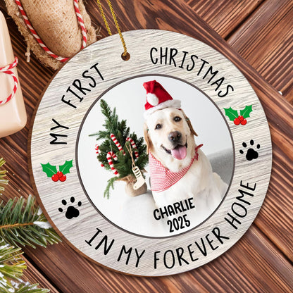 My First Christmas In Forever Home, Dog With Christmas Hat - Personalized Custom Wood Ornament, Custom Shaped - PET122_WDO