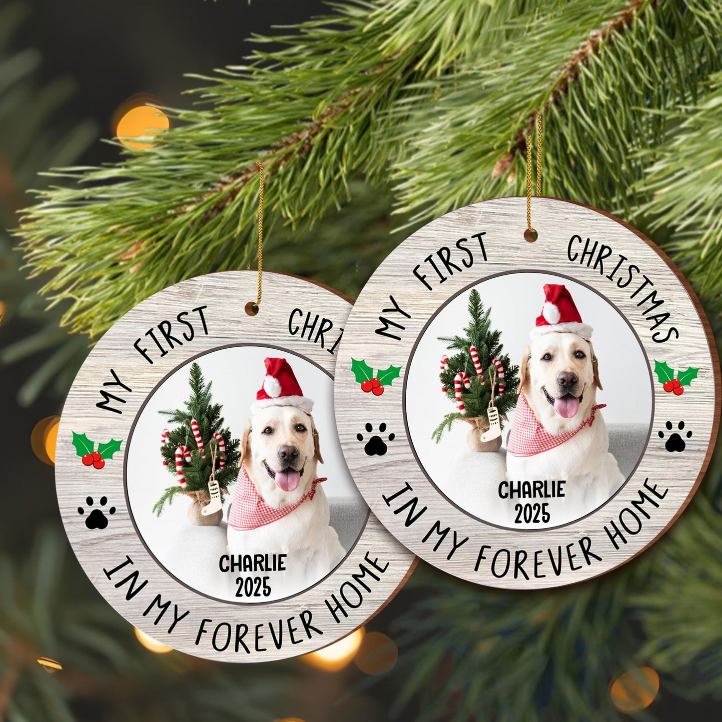 My First Christmas In Forever Home, Dog With Christmas Hat - Personalized Custom Wood Ornament, Custom Shaped - PET122_WDO
