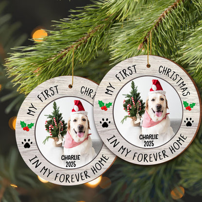 My First Christmas In Forever Home, Dog With Christmas Hat - Personalized Custom Wood Ornament, Custom Shaped - PET122_WDO