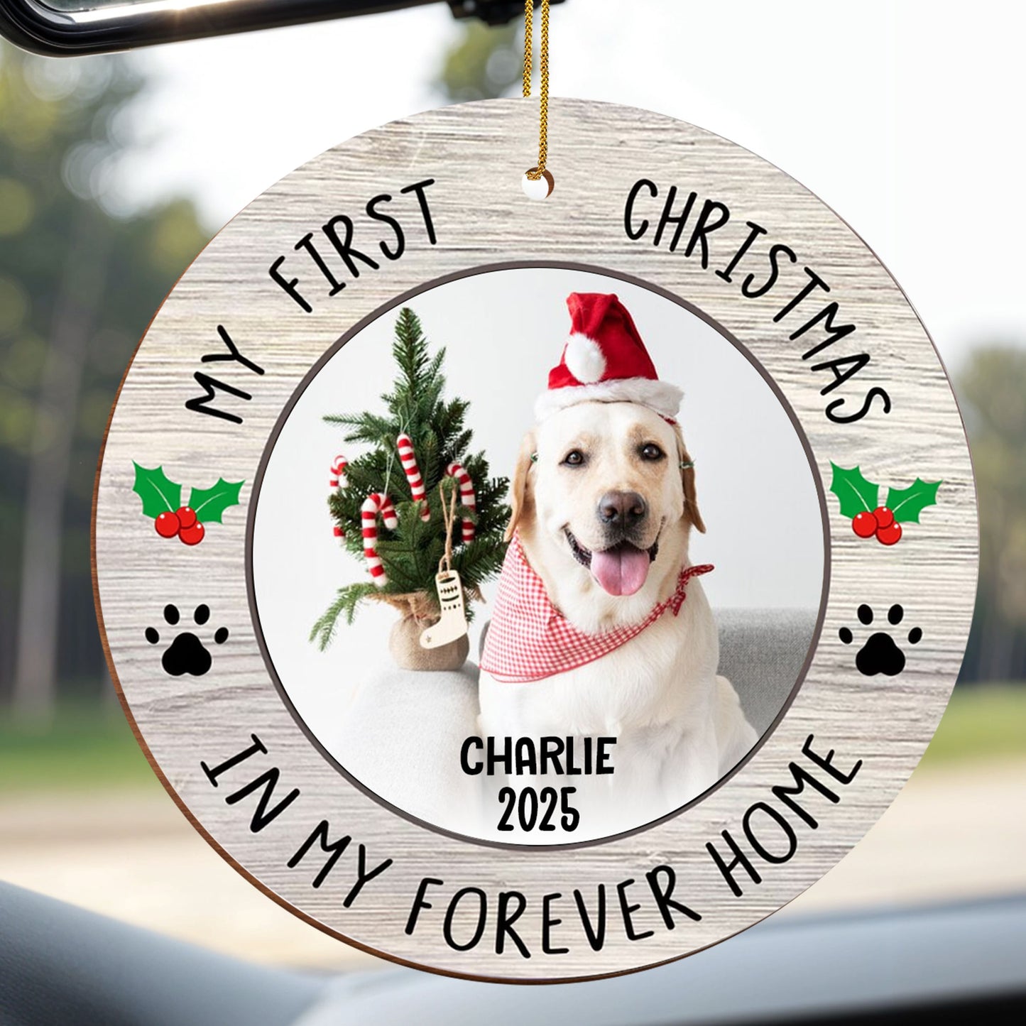 My First Christmas In Forever Home, Dog With Christmas Hat - Personalized Custom Wood Ornament, Custom Shaped - PET122_WDO