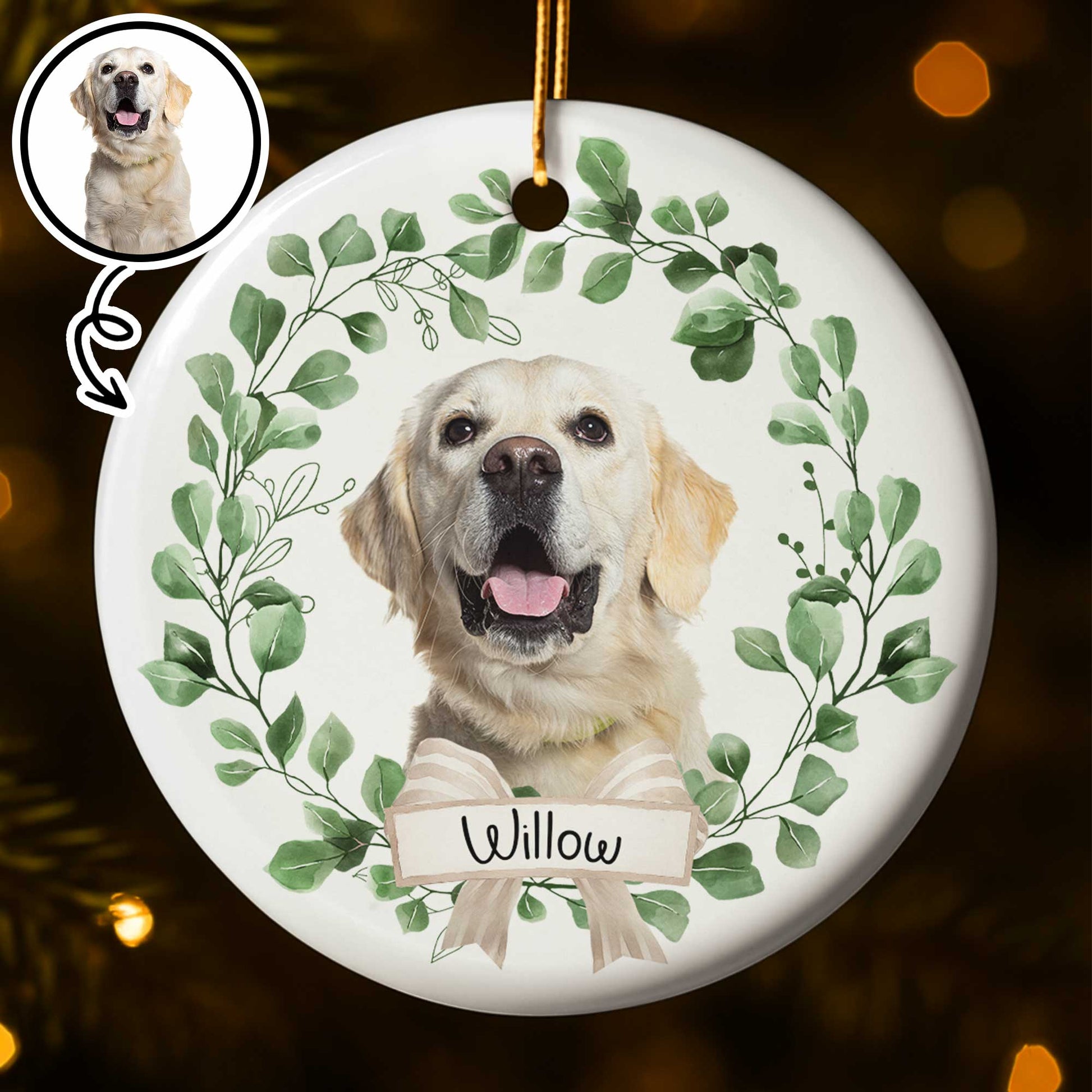 Customizable Pet Ornament With Dog And Green Leaves