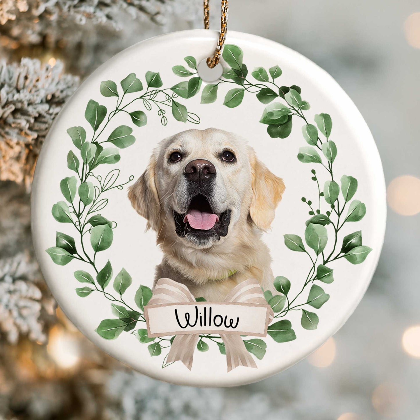 Customizable Pet Ornament With Dog And Green Leaves