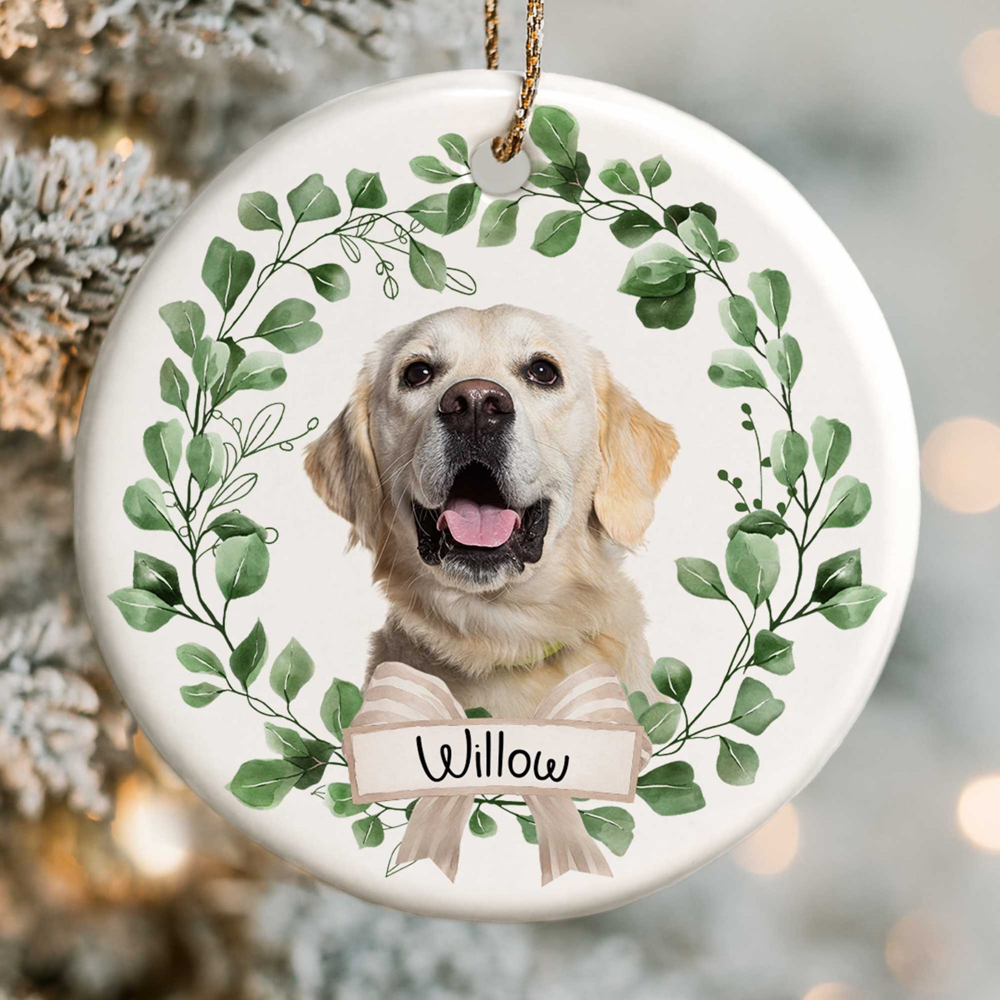 Customizable Pet Ornament With Dog And Green Leaves