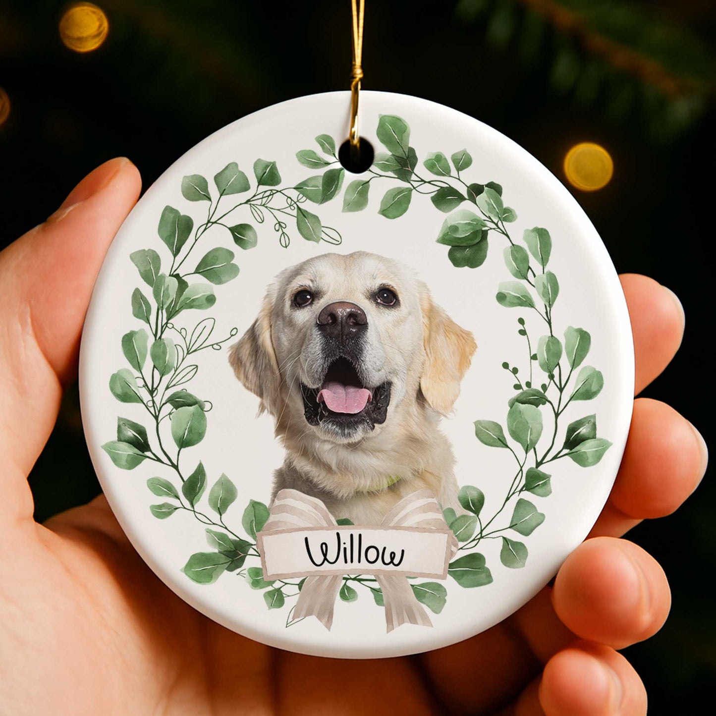 Customizable Pet Ornament With Dog And Green Leaves