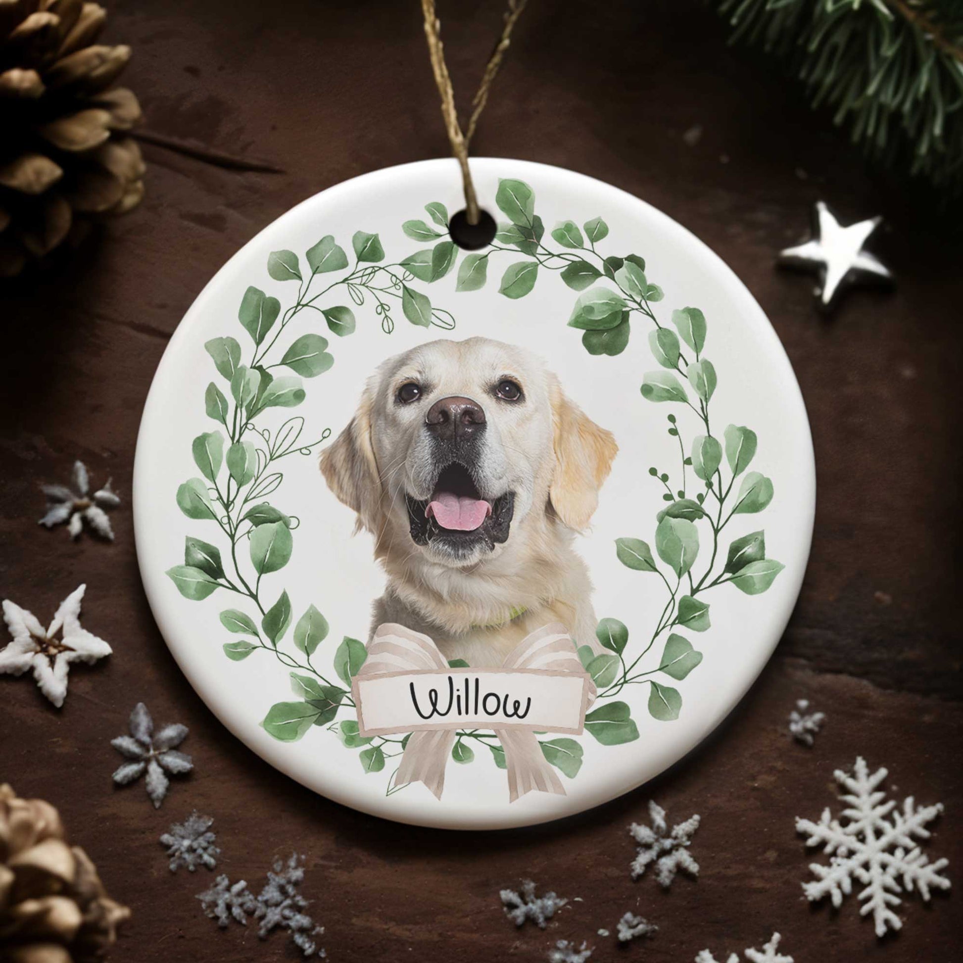 Customizable Pet Ornament With Dog And Green Leaves