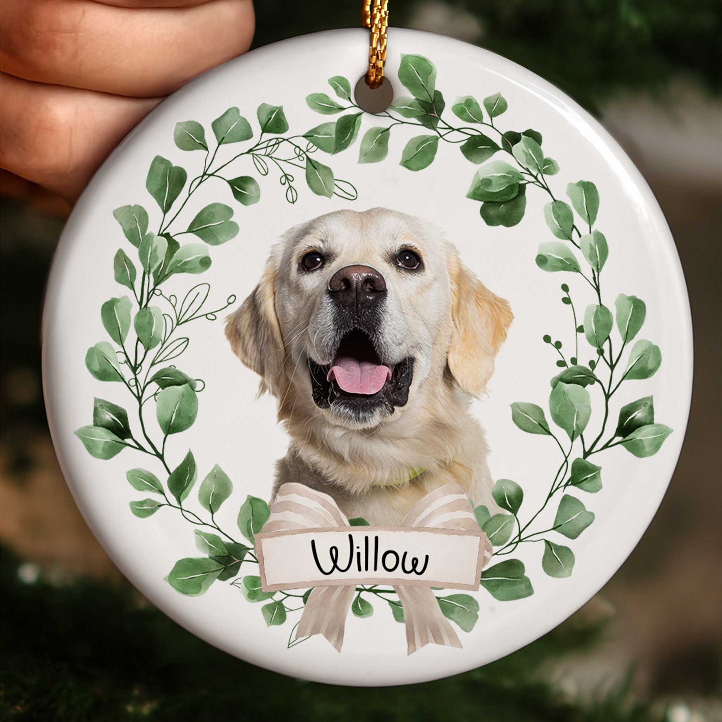 Customizable Pet Ornament With Dog And Green Leaves