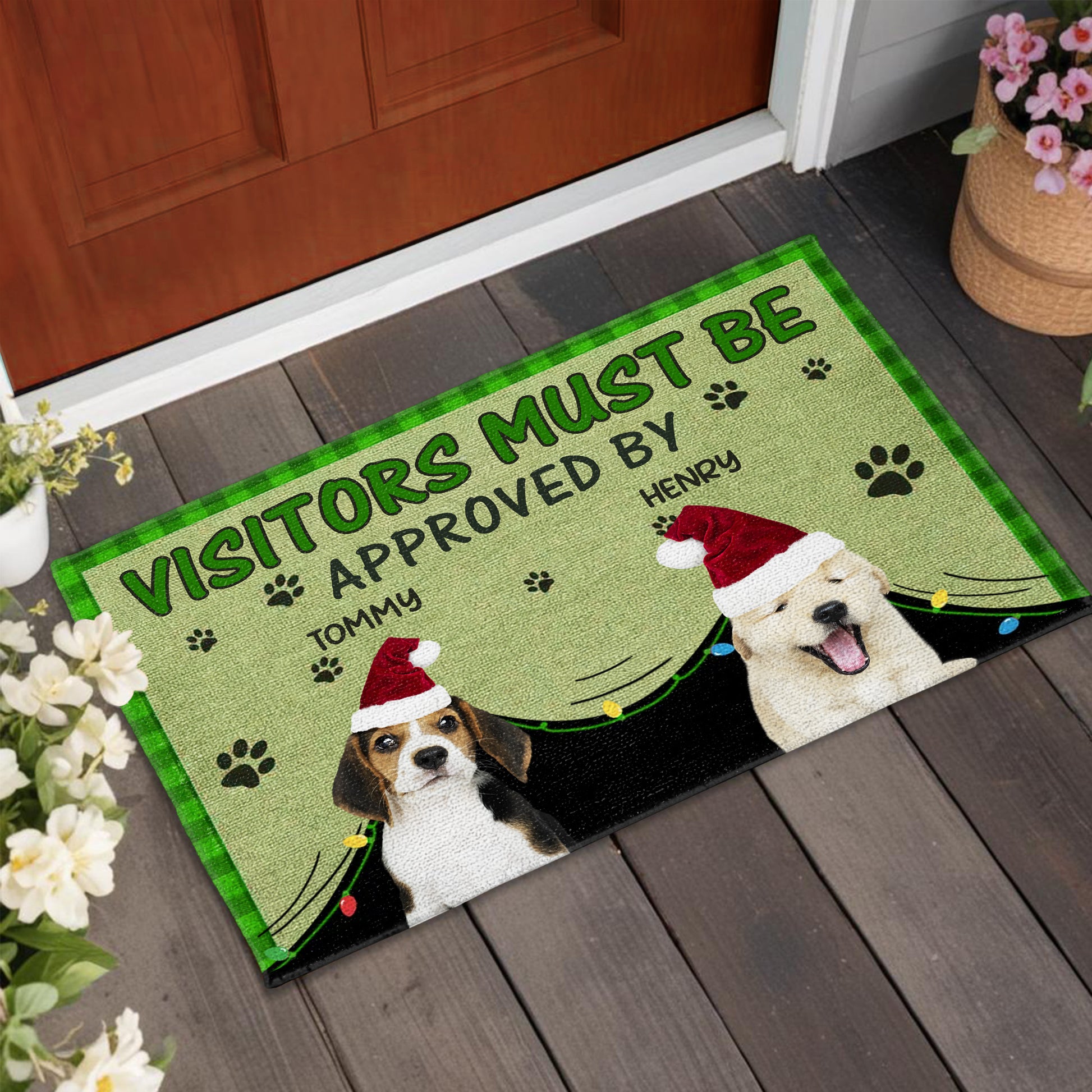 Visitors Must Be Approved By Dogs With Santa Hats