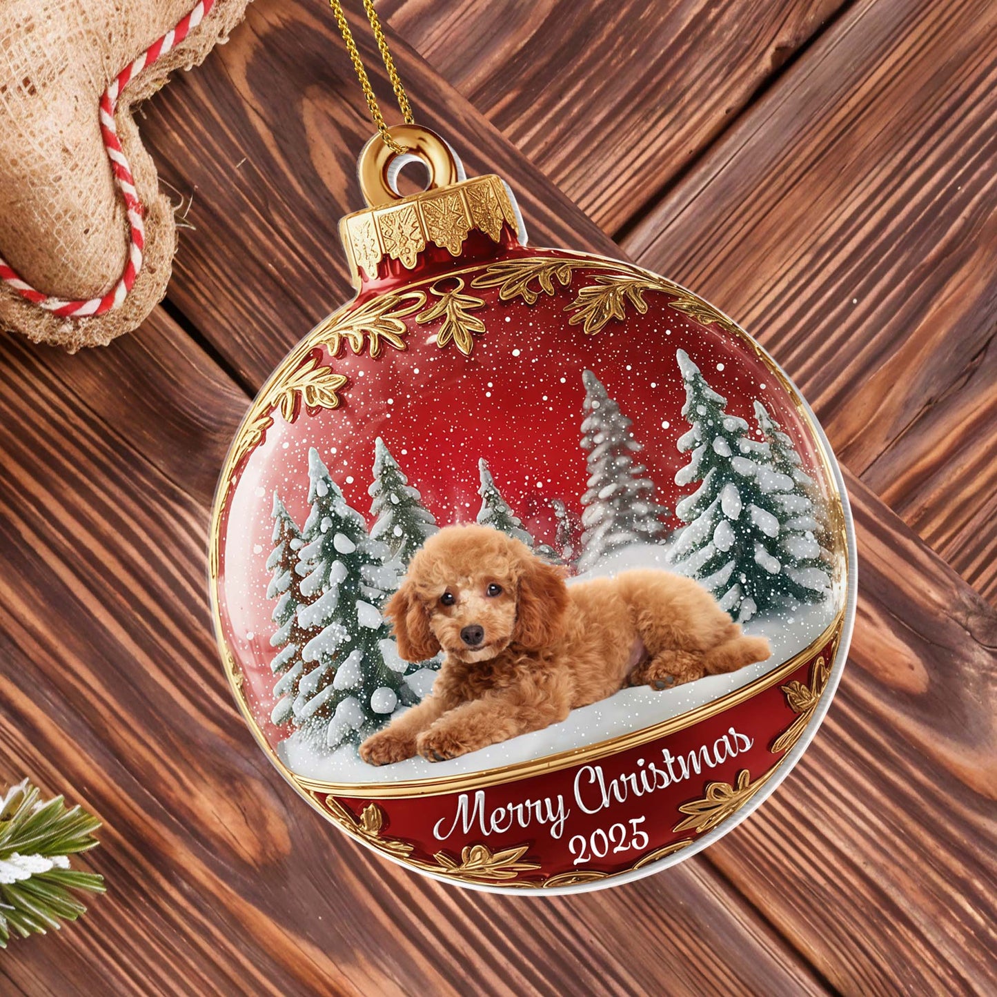 Merry Christmas With Cute Dog And Snowy Trees