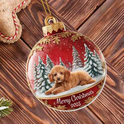 Merry Christmas With Cute Dog And Snowy Trees