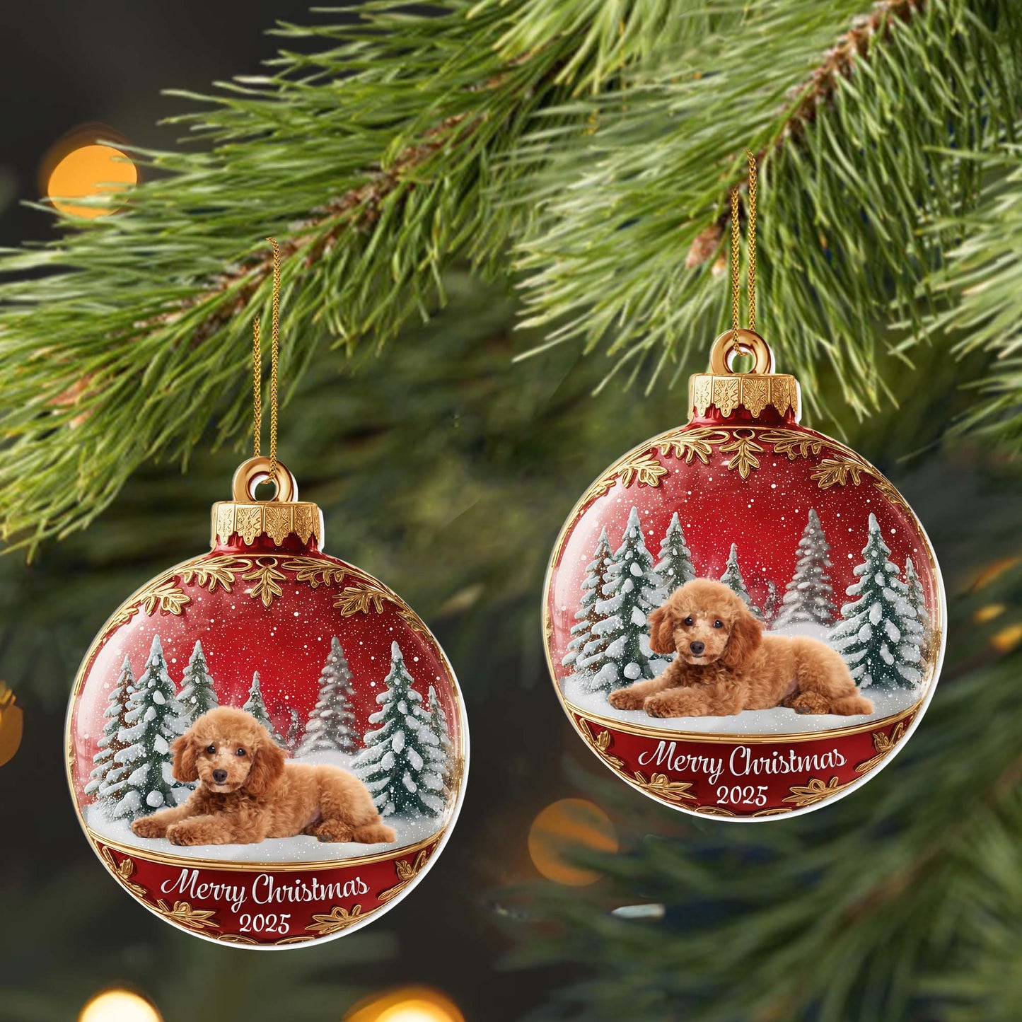 Merry Christmas With Cute Dog And Snowy Trees