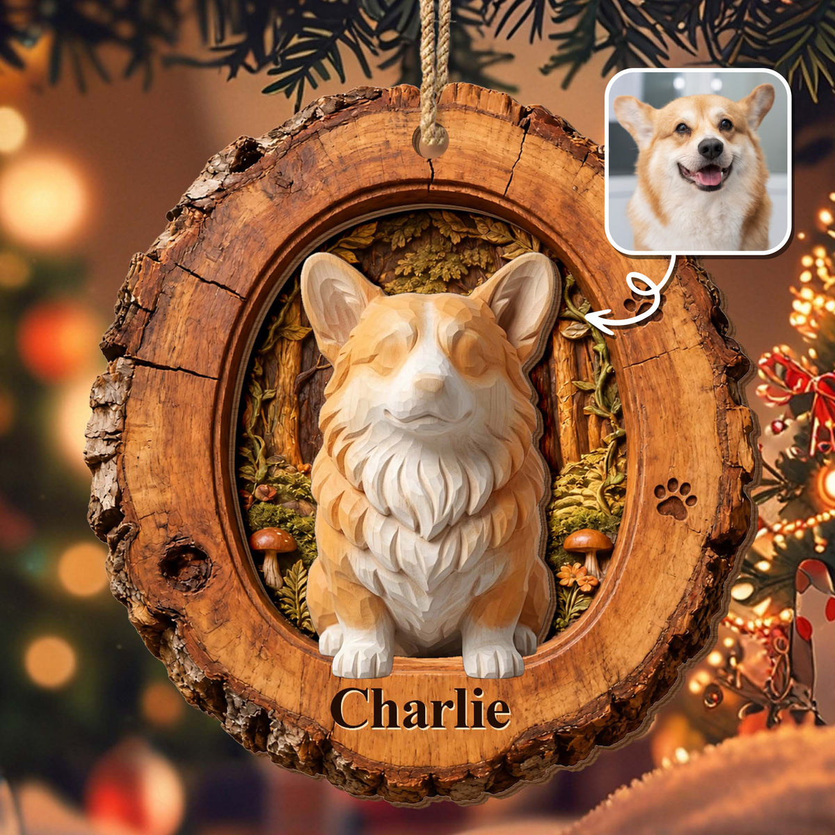 Our Little Furry Friend Corgi In Wood Carved Enchanted Forest - Personalized Double Layer Wood Ornament - PET213_DWO