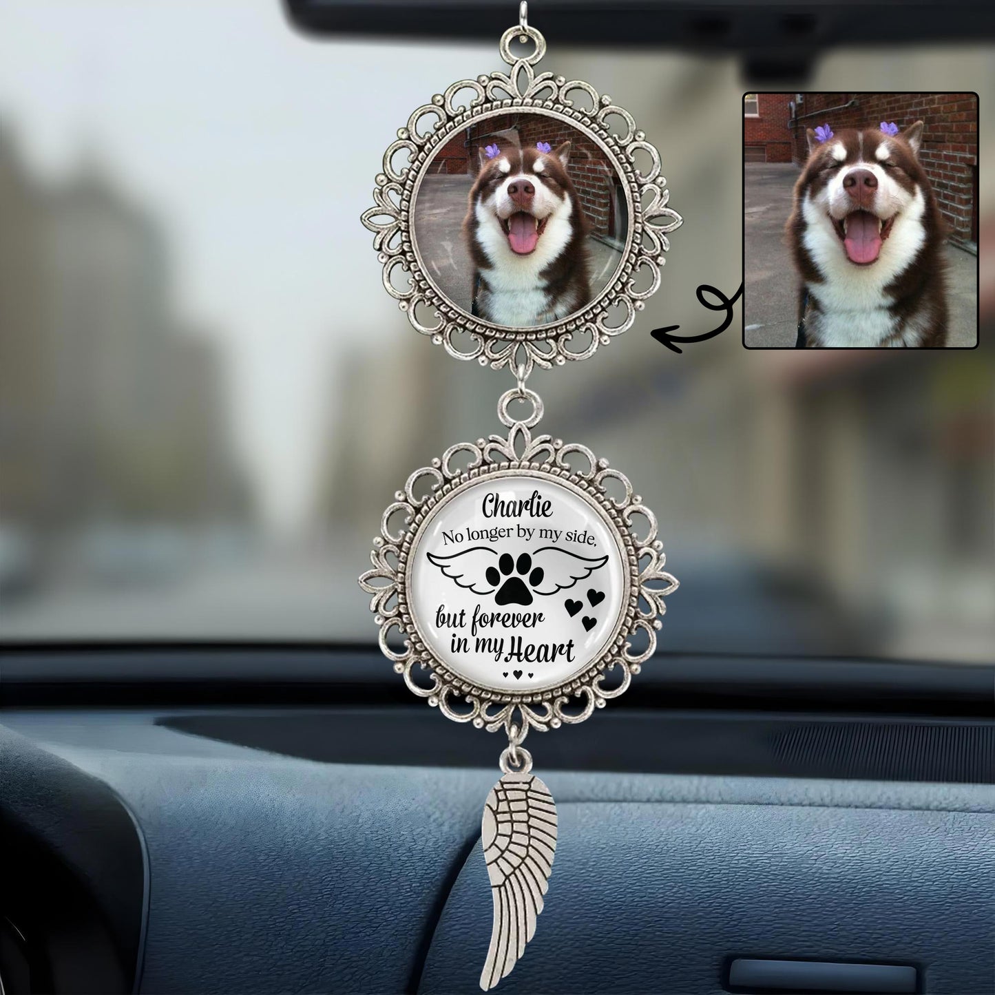 Charlie No Longer By My Side But Forever In My Heart, Angel Wing And Pendant Charm