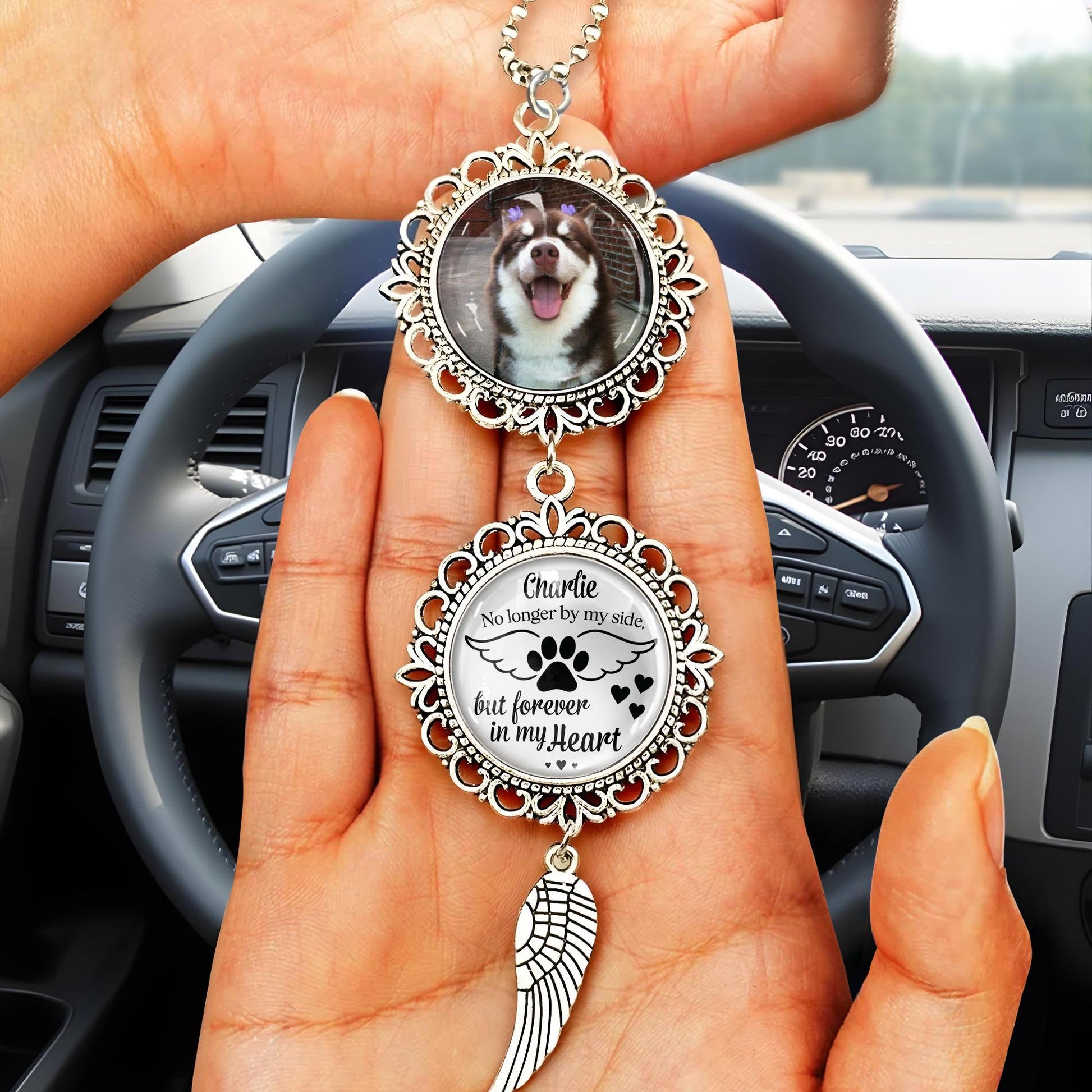 Charlie No Longer By My Side But Forever In My Heart, Angel Wing And Pendant Charm