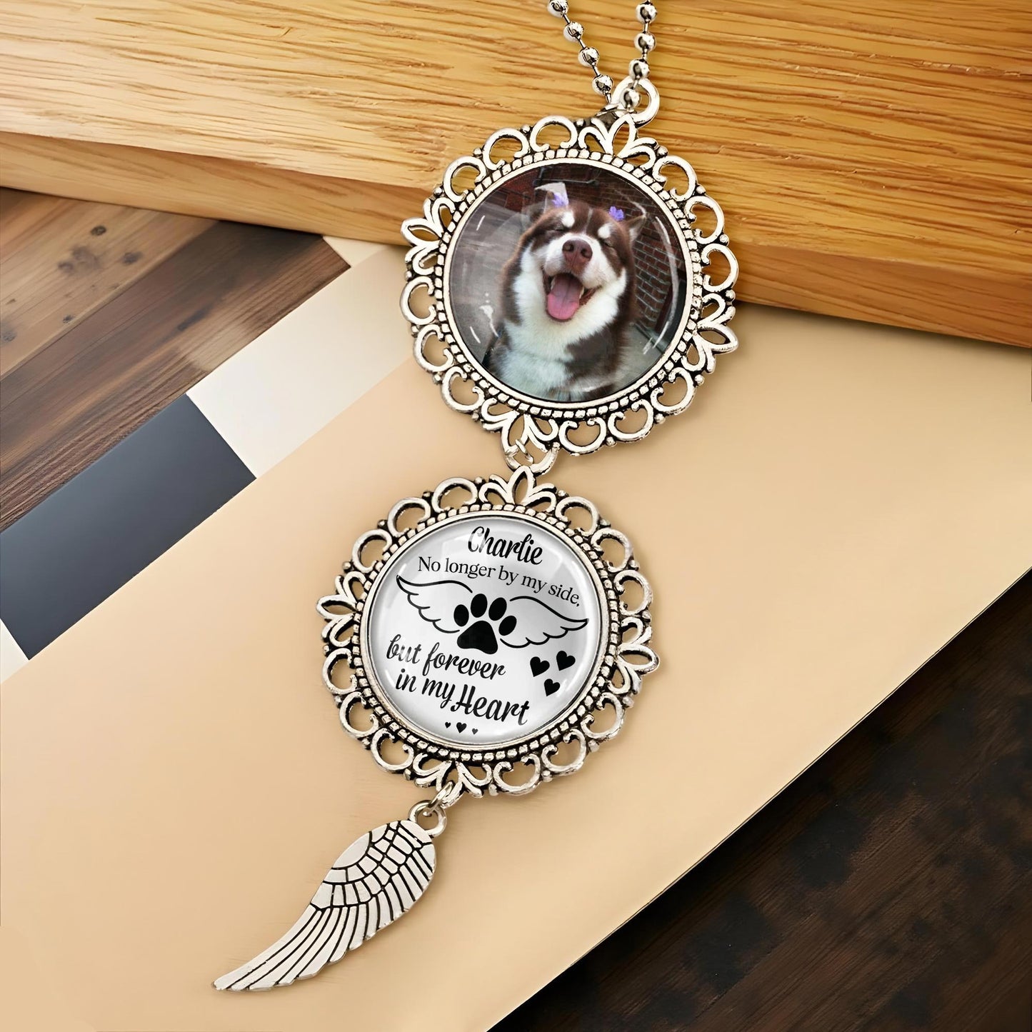 Charlie No Longer By My Side But Forever In My Heart, Angel Wing And Pendant Charm