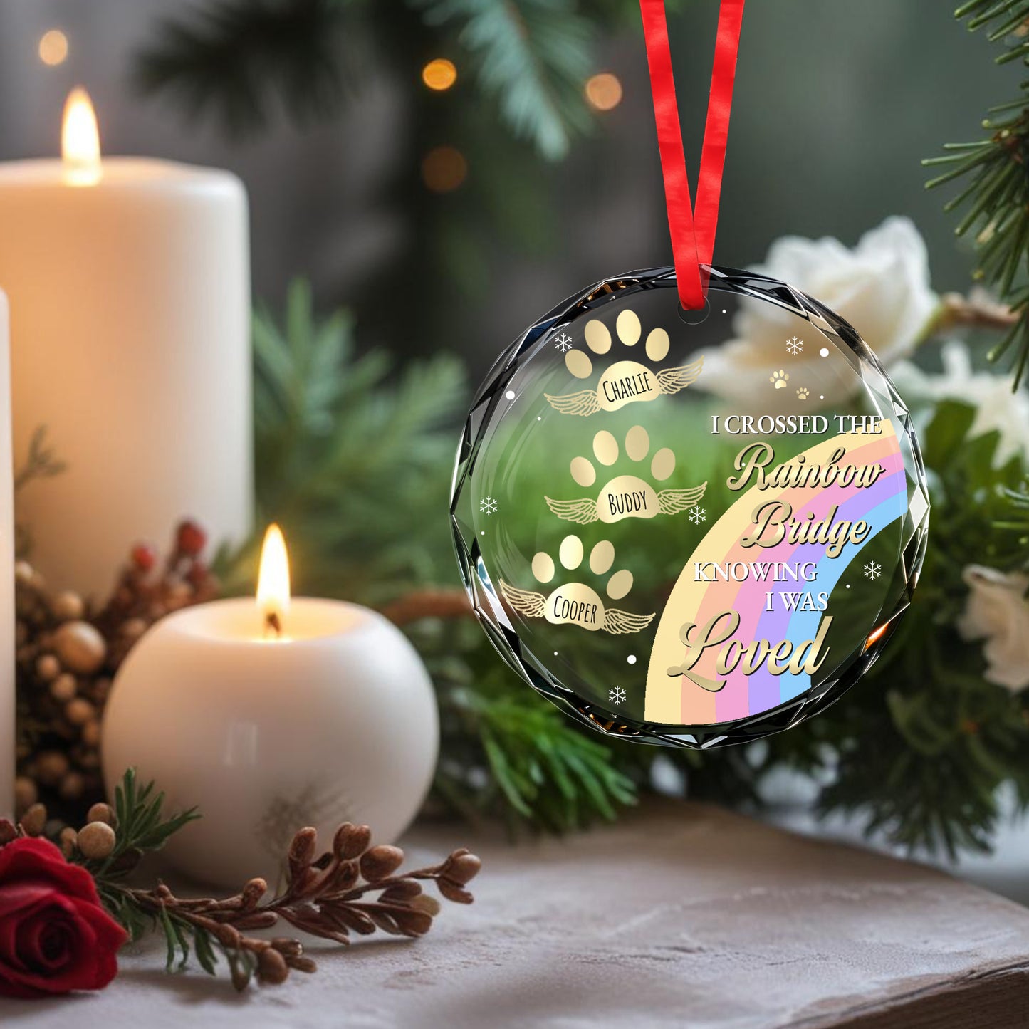 I Crossed The Rainbow Bridge Knowing I Was Loved - Personalized Custom Circle Glass Ornament - PME004_CGOR