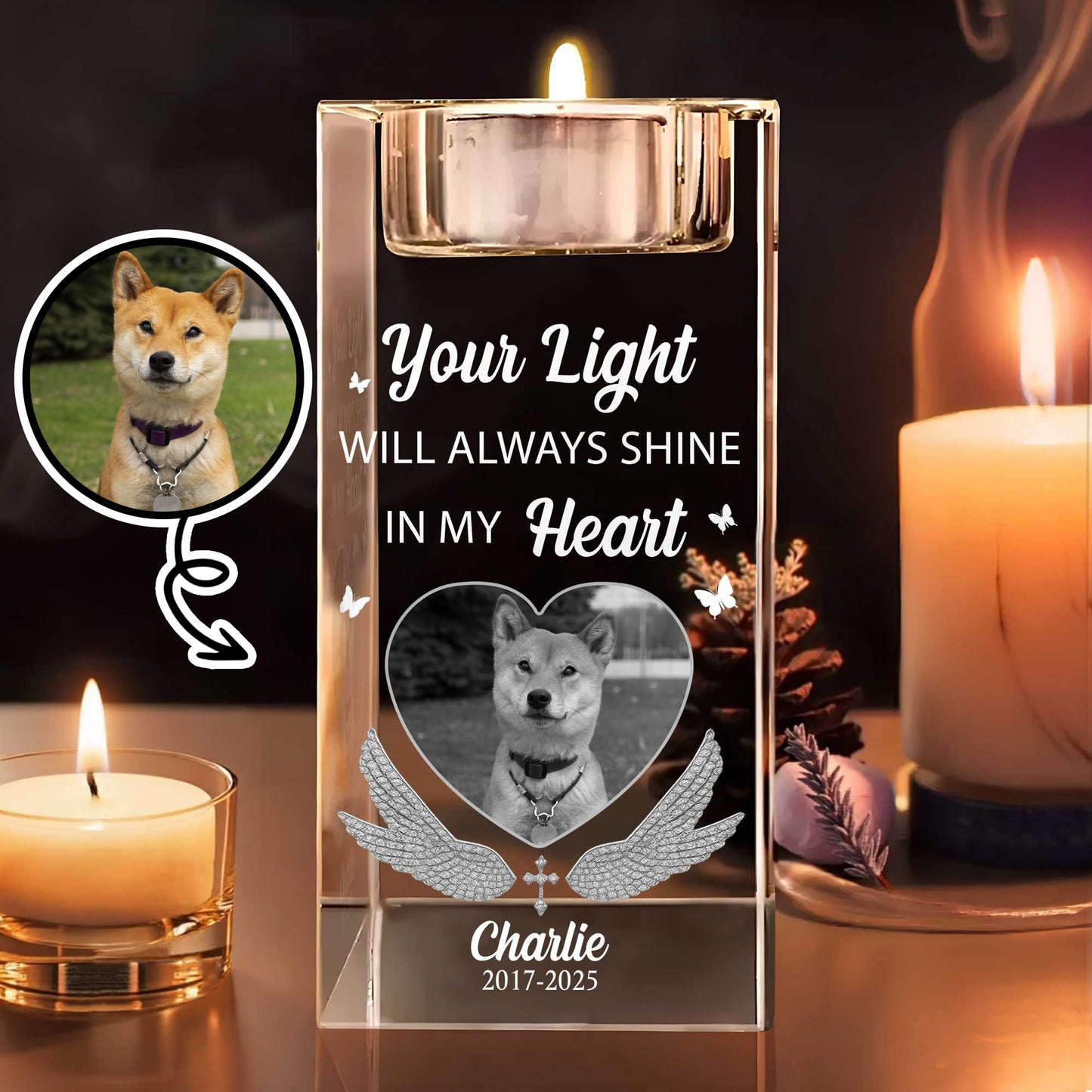Your Light Will Always Shine In My Heart, Candle With Dog And Wings