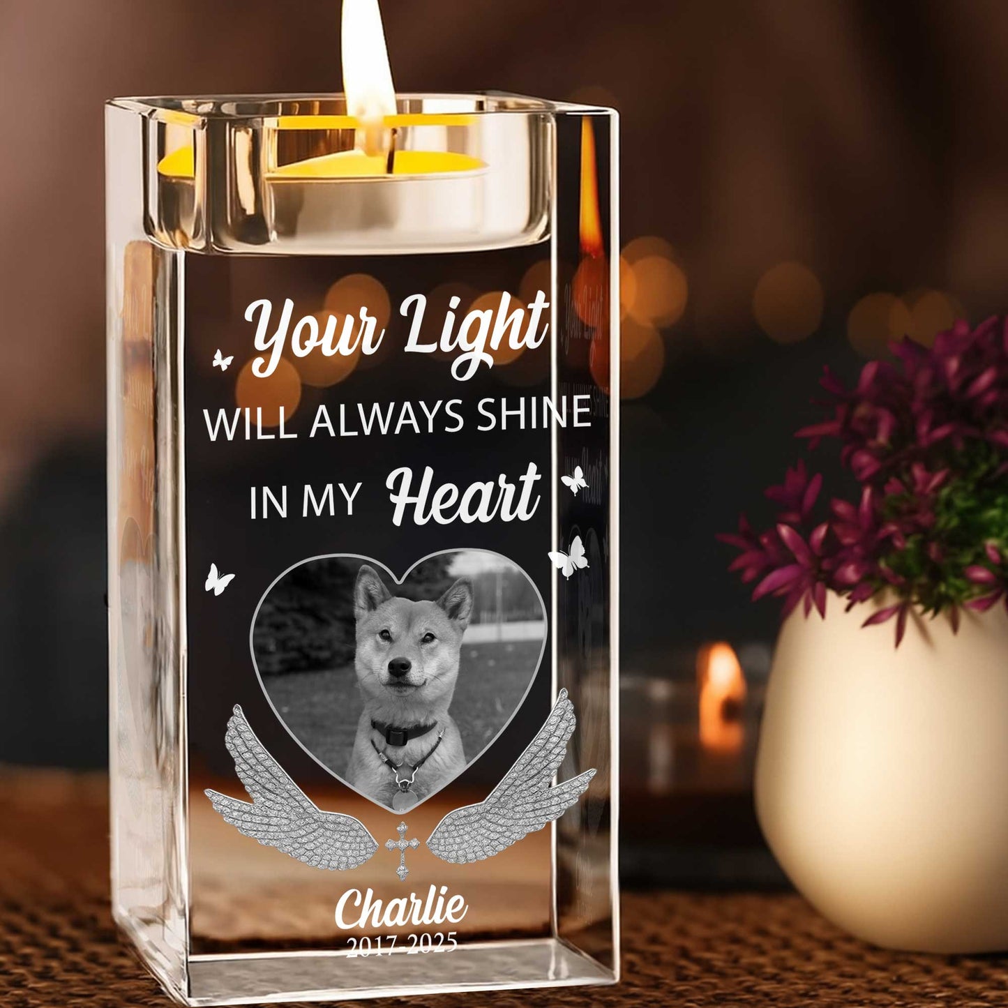 Your Light Will Always Shine In My Heart, Candle With Dog And Wings