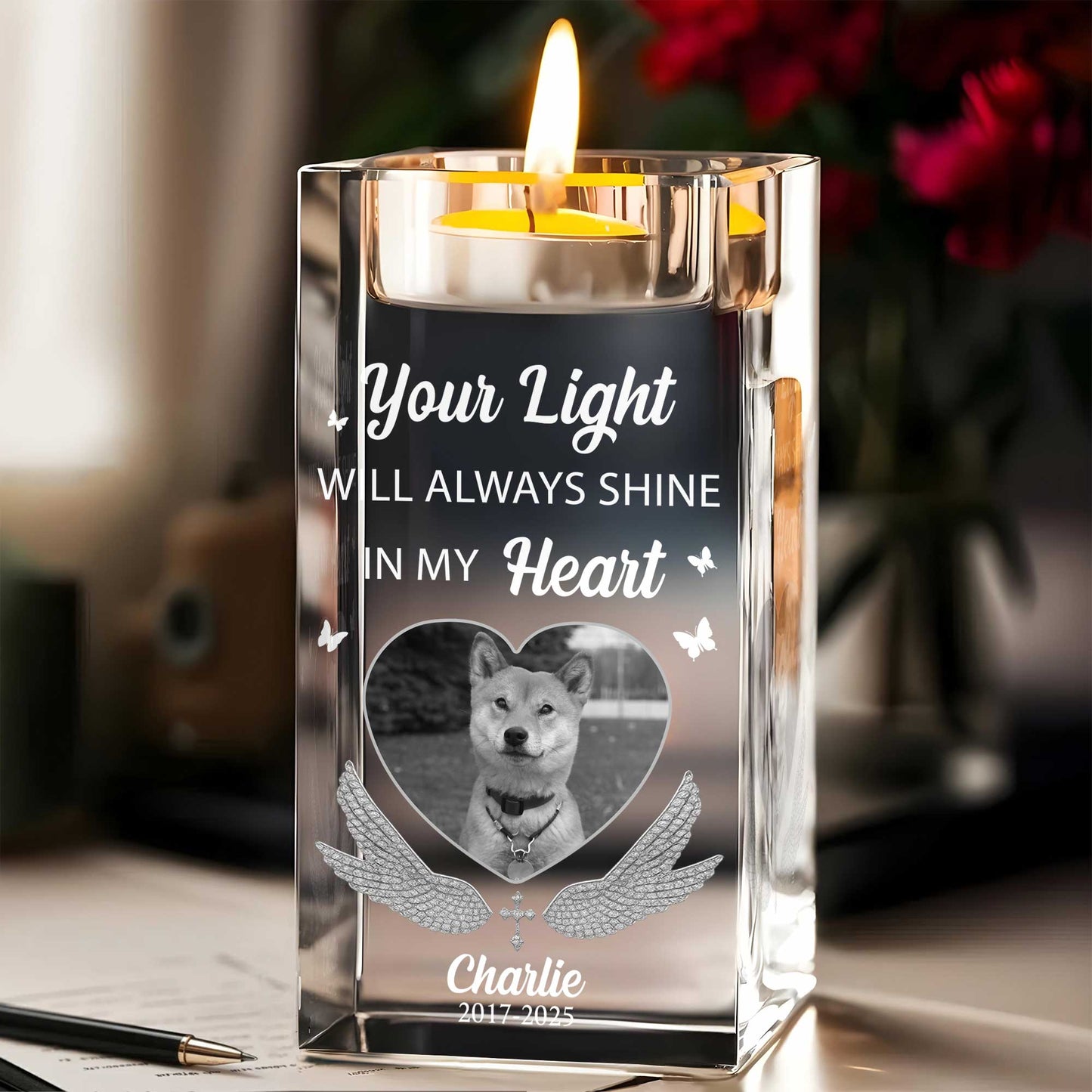 Your Light Will Always Shine In My Heart, Candle With Dog And Wings
