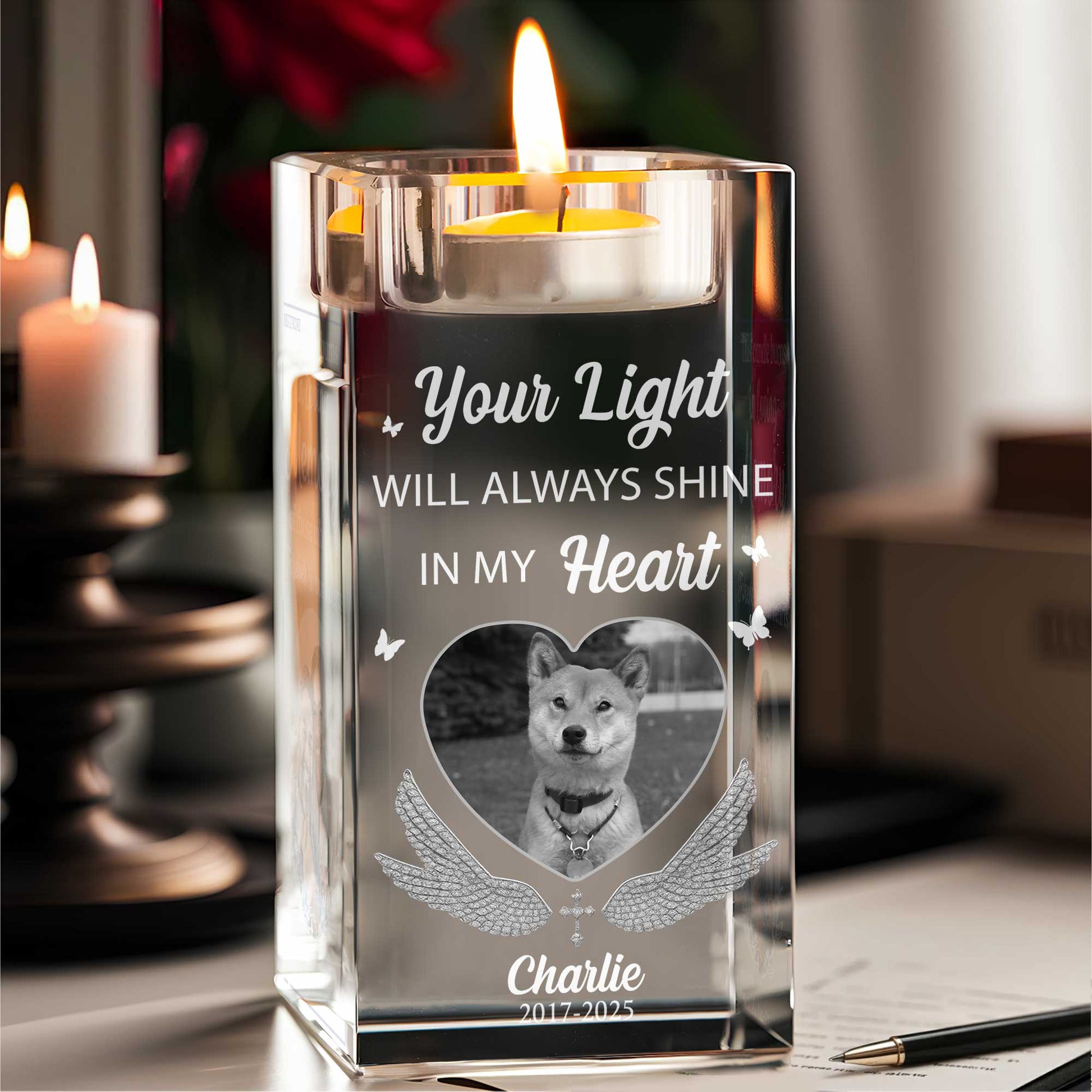 Your Light Will Always Shine In My Heart, Candle With Dog And Wings