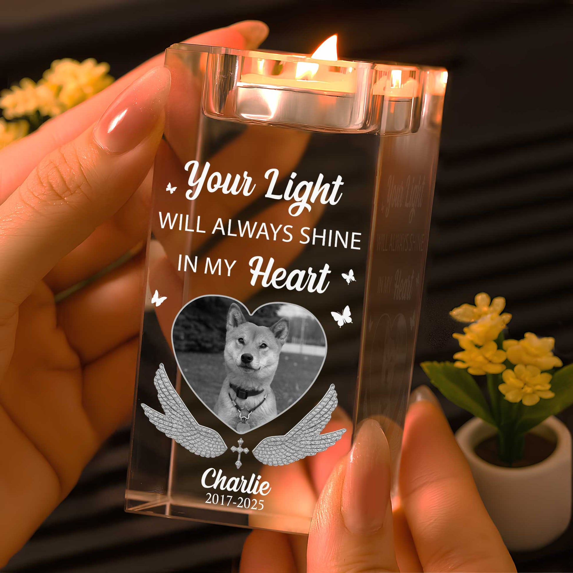 Your Light Will Always Shine In My Heart, Candle With Dog And Wings