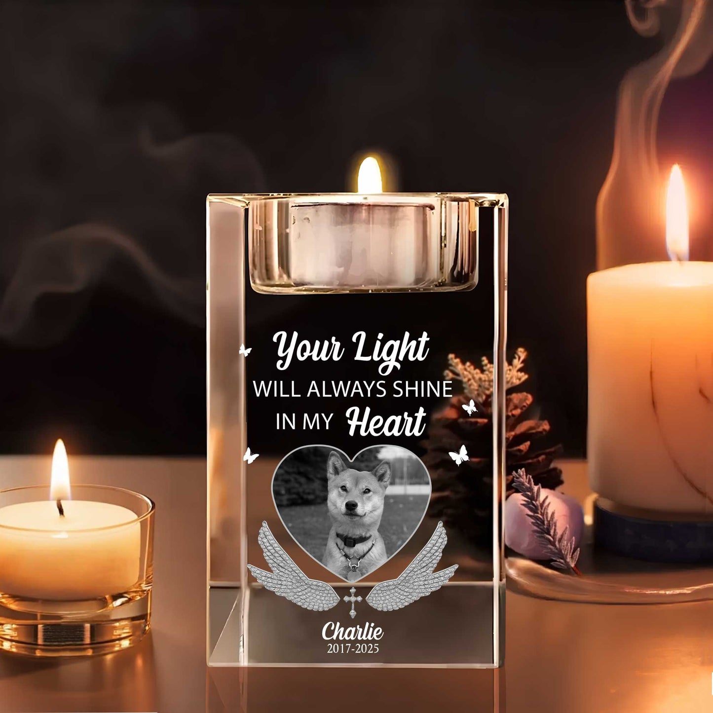 Your Light Will Always Shine In My Heart, Candle With Dog And Wings