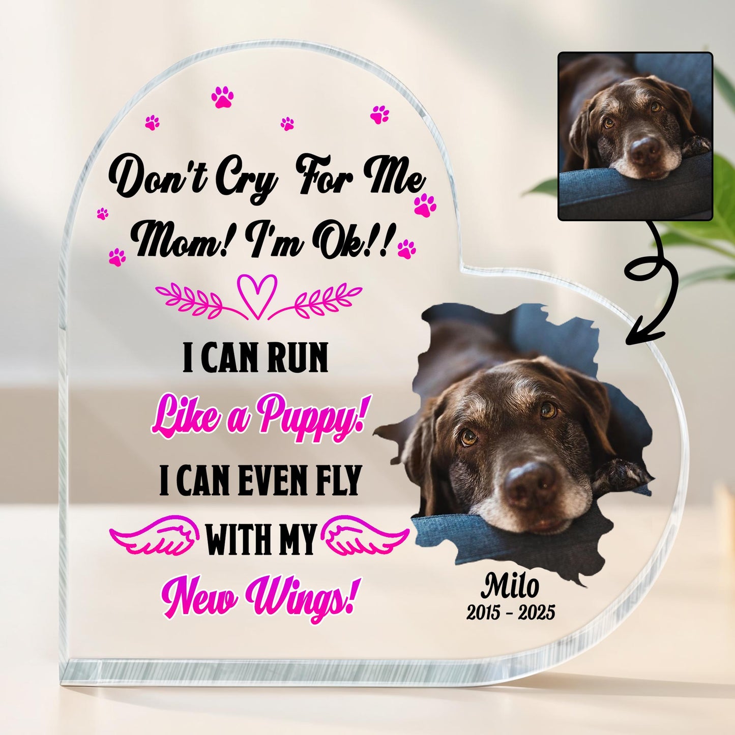 Don't Cry For Me Mom, Wings And Paws Heart Plaque