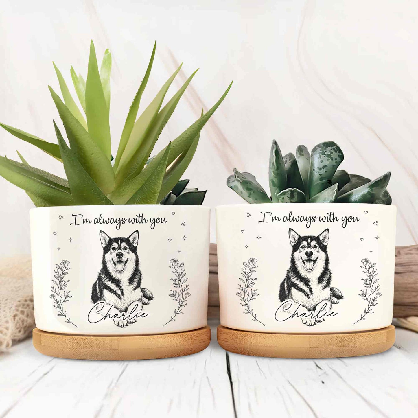 I'm Always With You Husky Dog And Flowers - Personalized Ceramic Plant Pot - PME170_CEP