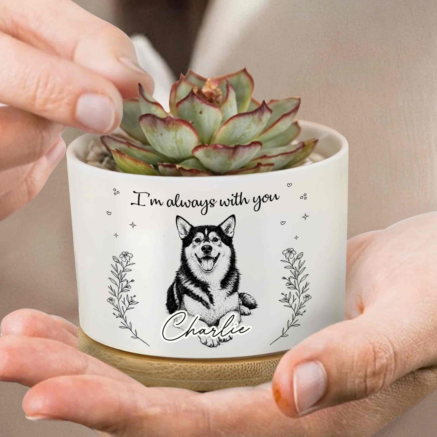 I'm Always With You Husky Dog And Flowers - Personalized Ceramic Plant Pot - PME170_CEP