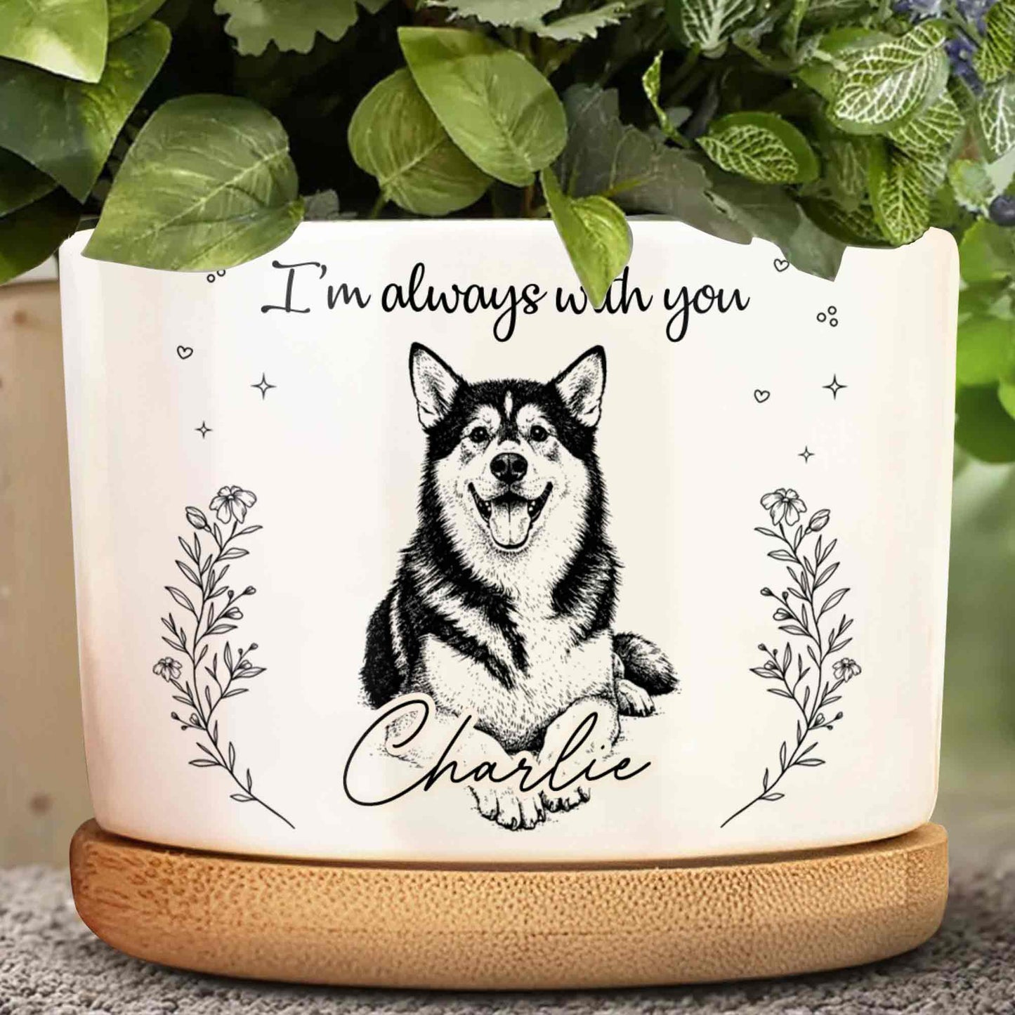 I'm Always With You Husky Dog And Flowers - Personalized Ceramic Plant Pot - PME170_CEP
