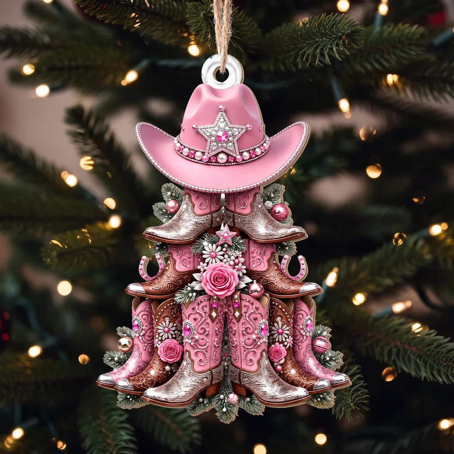 Howdy Western Christmas Cowgirl Boots And Hat Tree Design - Personalized Custom Wood Ornament, Custom Shaped - DTG147_WDO