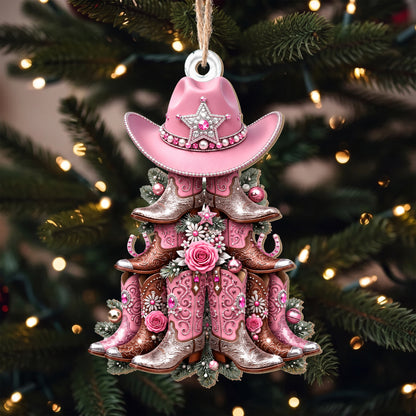 Howdy Western Christmas Cowgirl Boots And Hat Tree Design - Personalized Custom Wood Ornament, Custom Shaped - DTG147_WDO