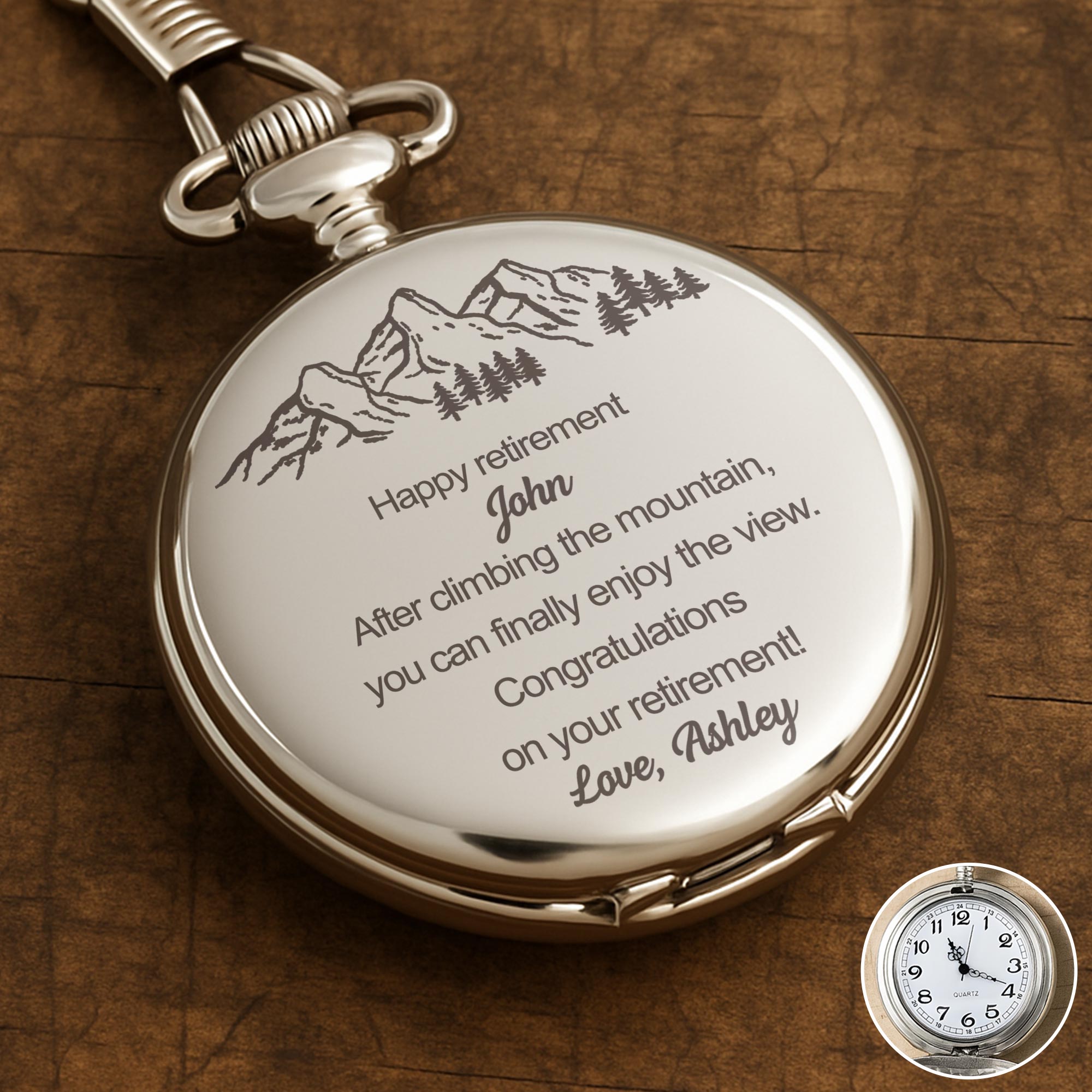 Happy Retirement Mountain View, Personalized Silver Plated Pocket Watch ...